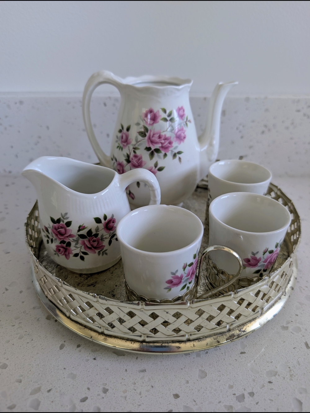 Vintage Floral Porcelain Tea Set with Pink Roses Unicorn Tableware England